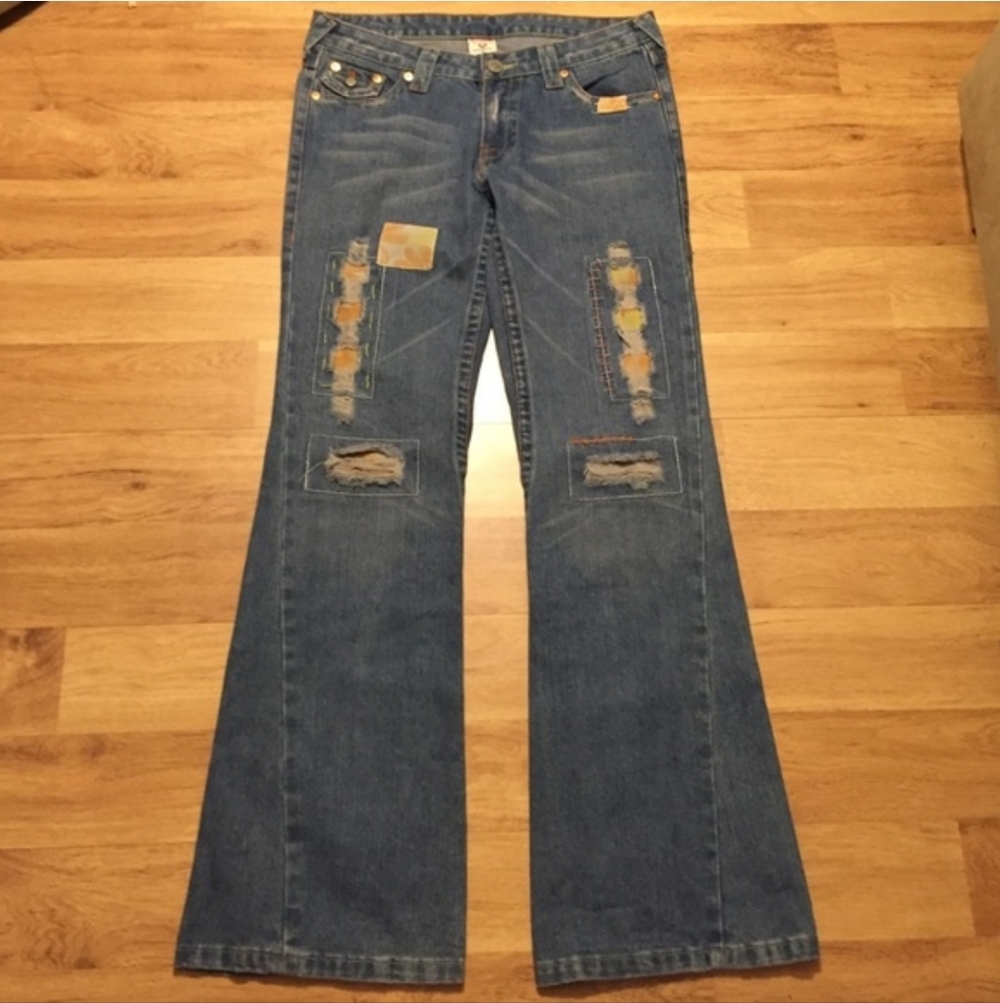 Vintage Y2k True Religion Blue Flare Jeans with Distressed Patchwork